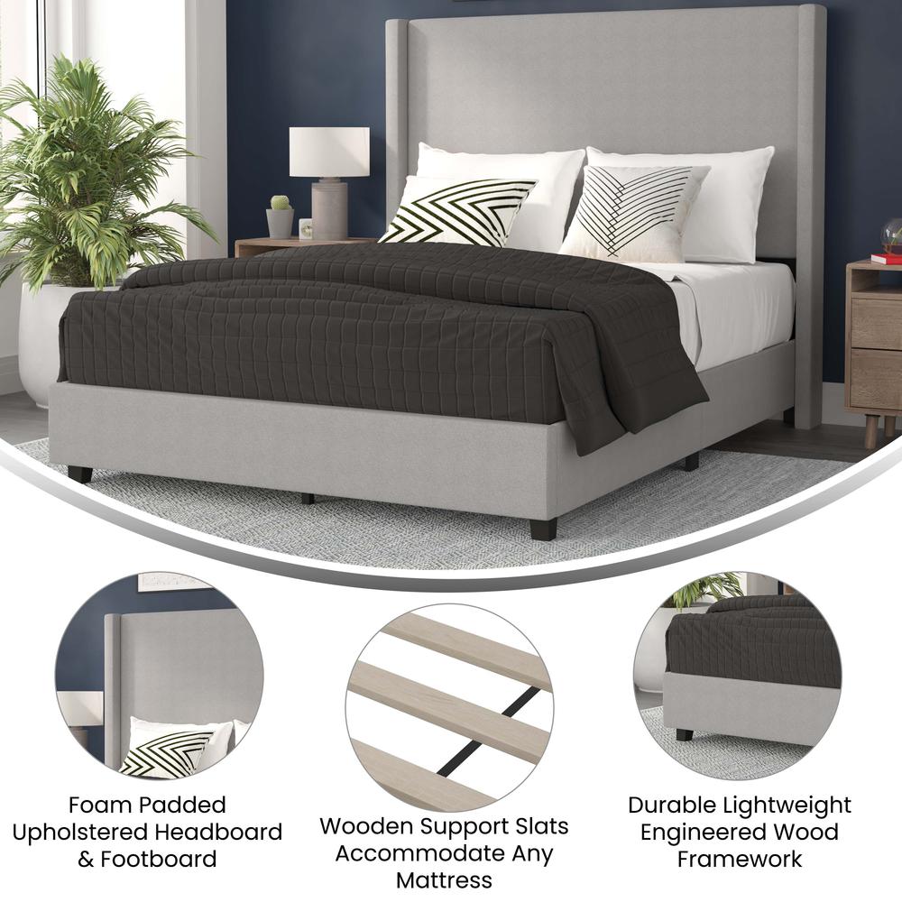 Queen Upholstered Platform Bed with Channel Stitched Wingback Headboard, Gray - Flash Furniture