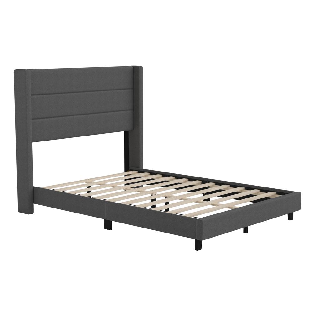 Full Upholstered Platform Bed with Wingback Headboard, Charcoal Faux Linen - Flash Furniture
