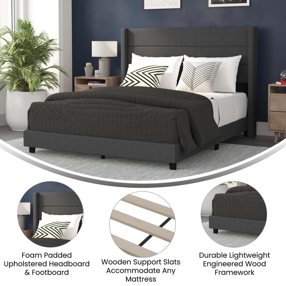 Full Upholstered Platform Bed with Wingback Headboard, Charcoal Faux Linen - Flash Furniture