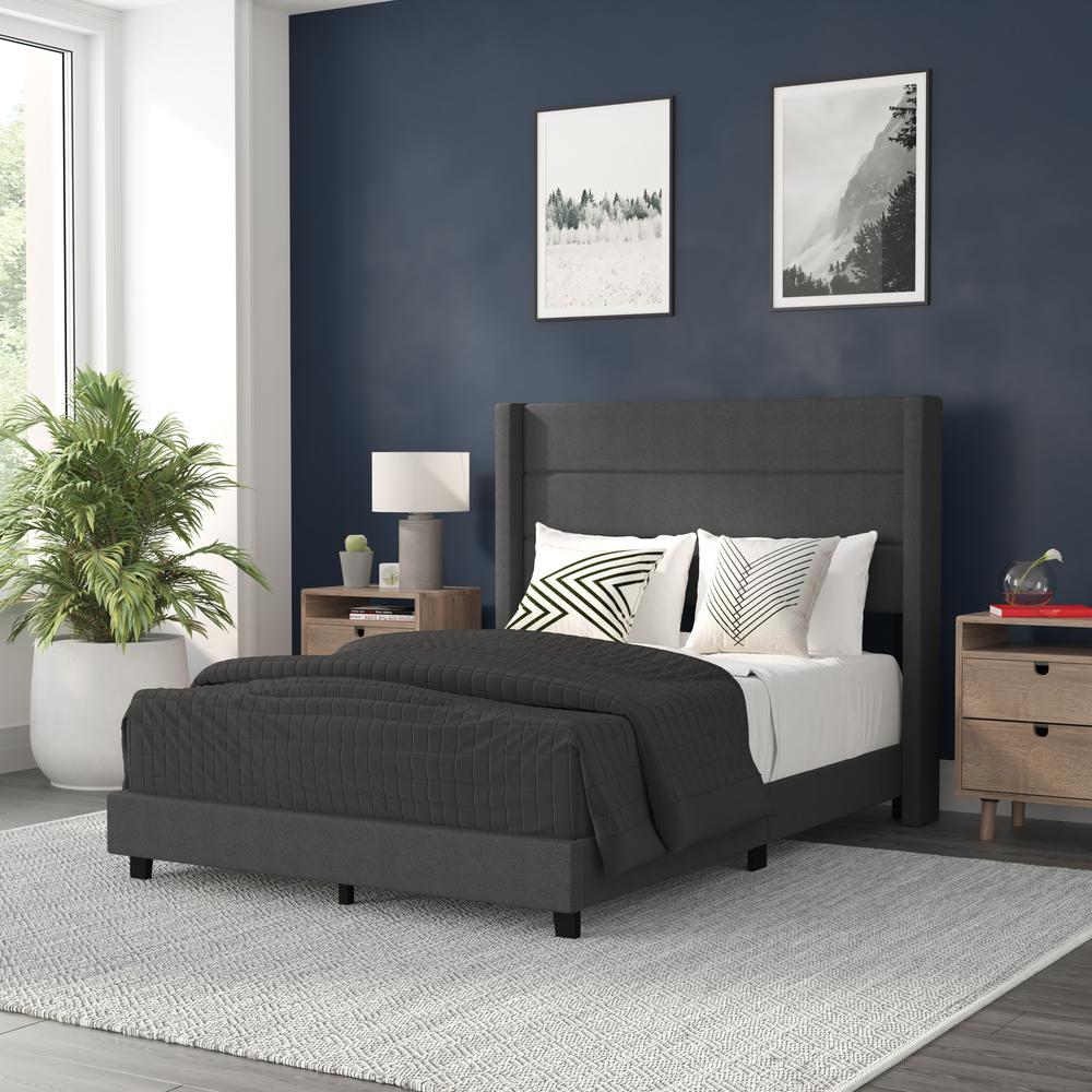 Full Upholstered Platform Bed with Wingback Headboard, Charcoal Faux Linen - Flash Furniture