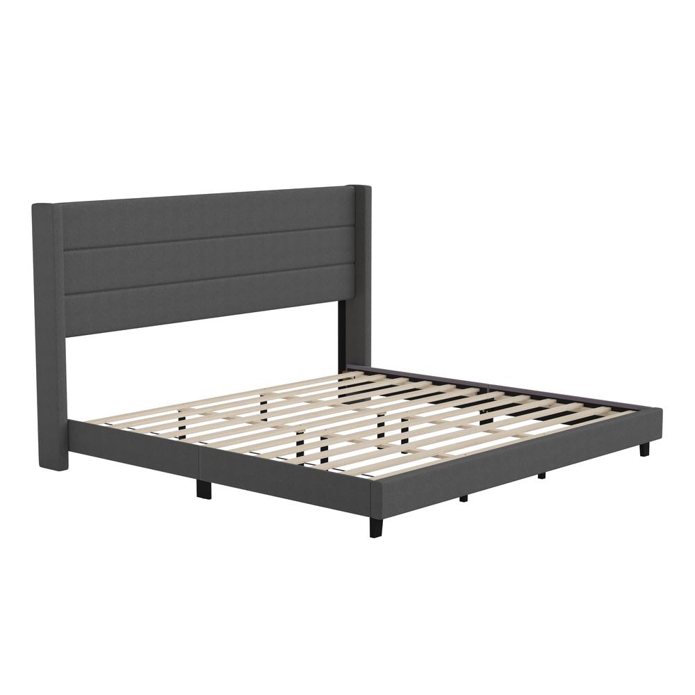King Upholstered Platform Bed with Wingback Headboard, Charcoal Faux Linen - Flash Furniture
