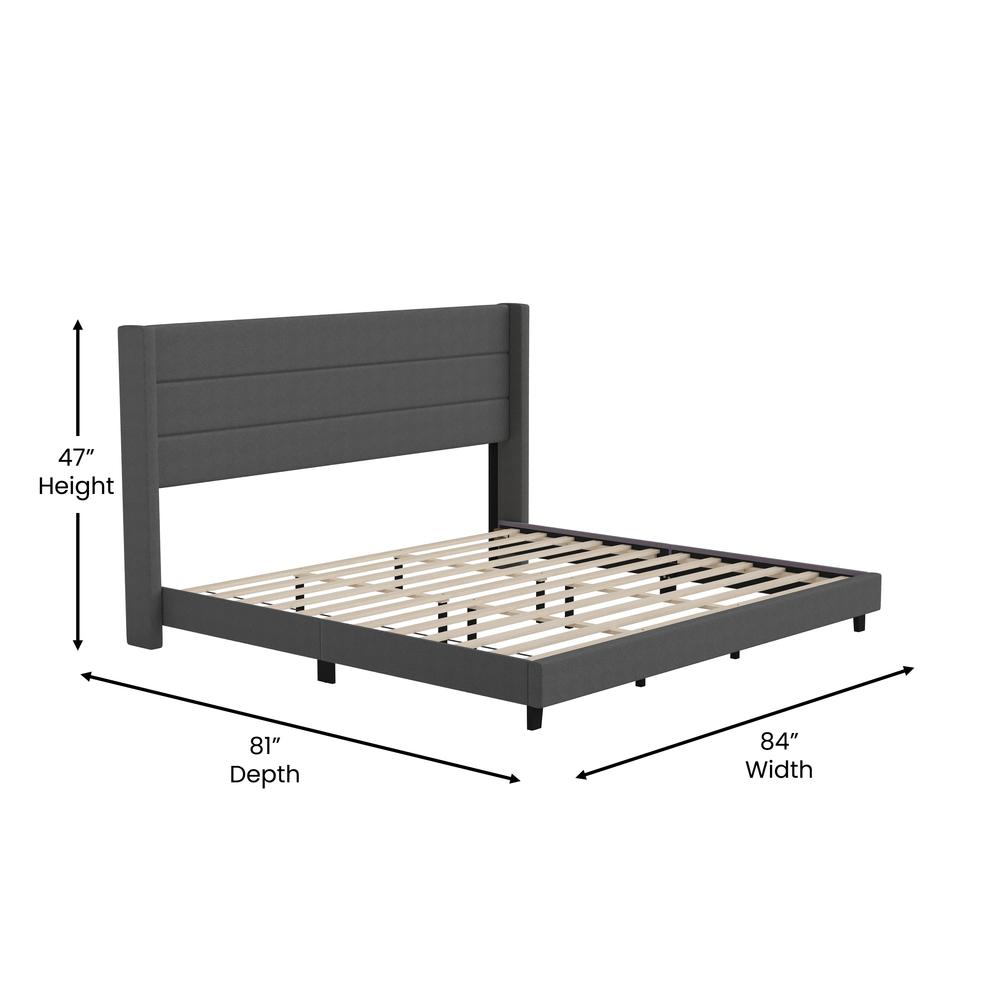 King Upholstered Platform Bed with Wingback Headboard, Charcoal Faux Linen - Flash Furniture