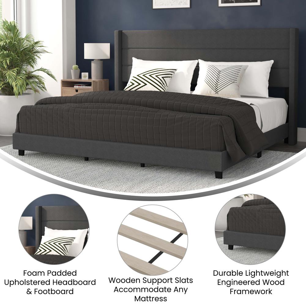 King Upholstered Platform Bed with Wingback Headboard, Charcoal Faux Linen - Flash Furniture