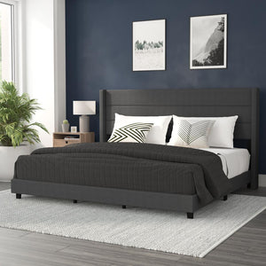 King Upholstered Platform Bed with Wingback Headboard, Charcoal Faux Linen - Flash Furniture