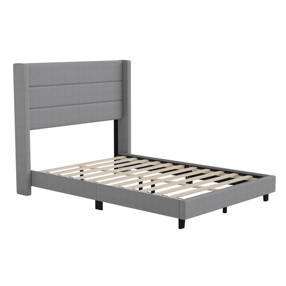 Full Upholstered Platform Bed with Wingback Headboard, Gray Faux Linen - Flash Furniture