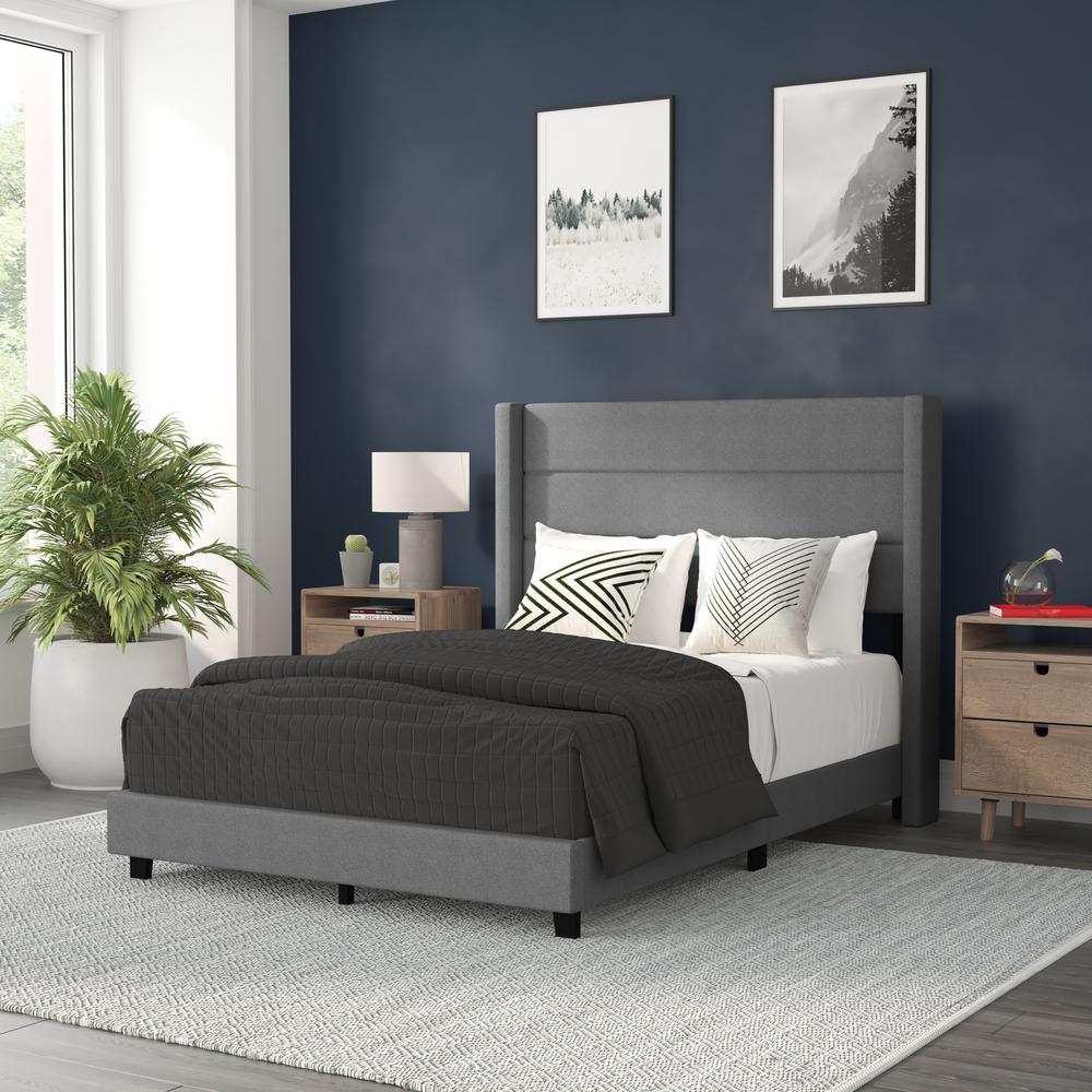 Full Upholstered Platform Bed with Wingback Headboard, Gray Faux Linen - Flash Furniture