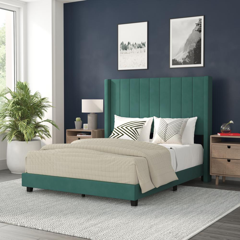 Full Upholstered Platform Bed with Vertical Stitched Headboard, Emerald Velvet - Flash Furniture