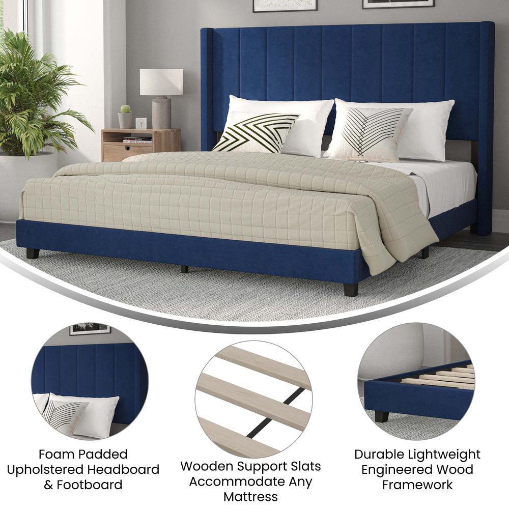 King Upholstered Platform Bed with Vertical Stitched Headboard, Navy Velvet - Flash Furniture