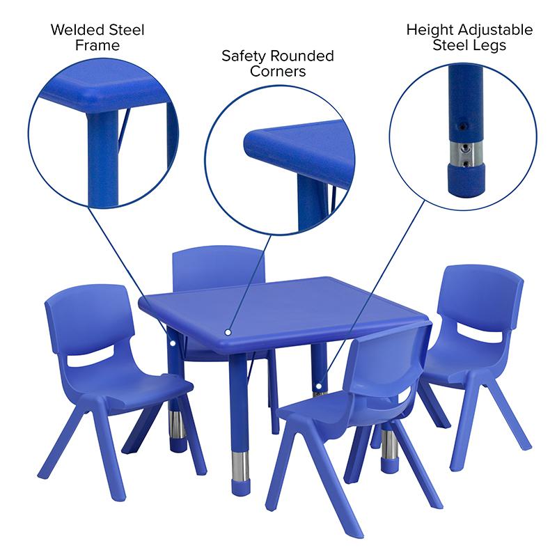 24'' Square Blue Plastic Height Adjustable Activity Table Set with 4 Chairs - Flash Furniture