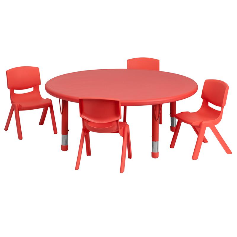 45'' Round Red Plastic Height Adjustable Activity Table Set with 4 Chairs - Flash Furniture