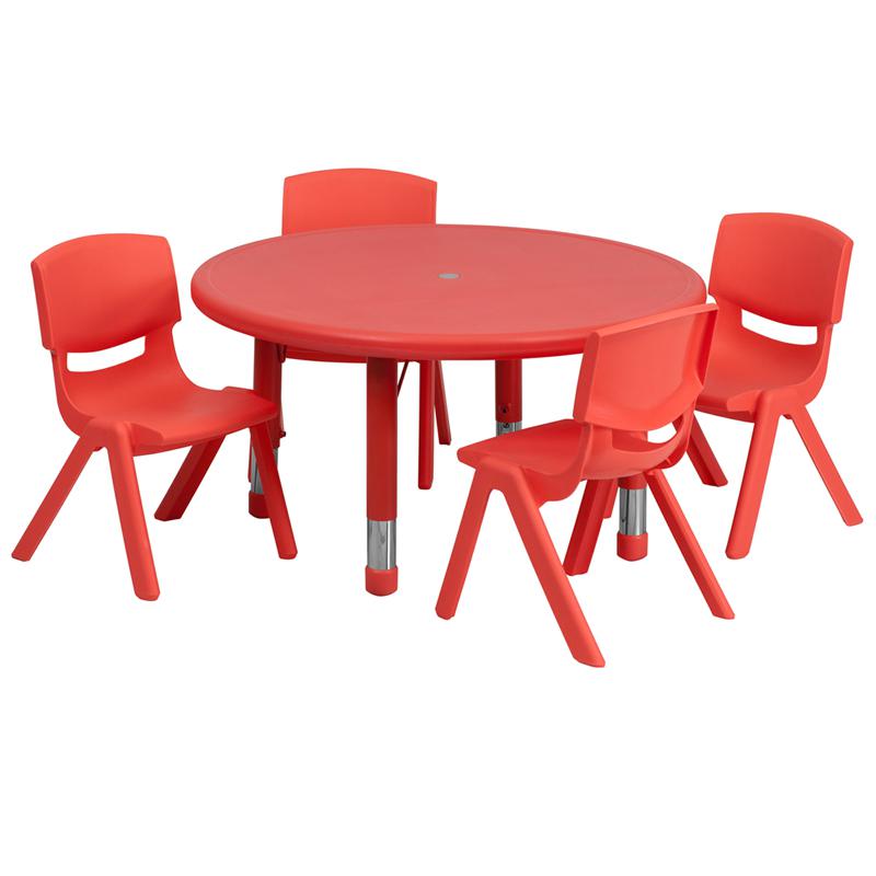 33'' Round Red Plastic Height Adjustable Activity Table Set with 4 Chairs - Flash Furniture