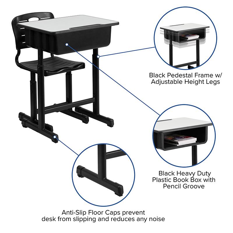 Adjustable Height Student Desk and Chair with Black Pedestal Frame - Flash Furniture