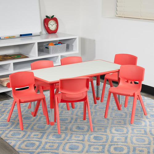 23.625''W x 47.25''L Red Plastic Height Activity Table Set with 6 Chairs - Flash Furniture
