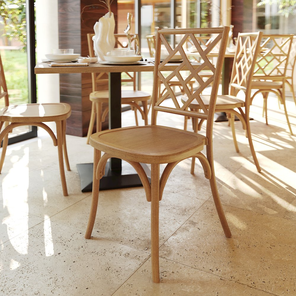 Brooklyn Pecan Solid Wood Stackable Dining Chair with Intricate Back Detail - Flash Furniture
