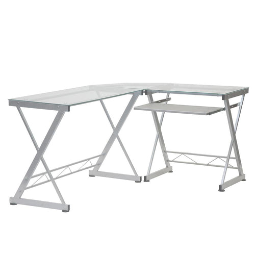 L-Shaped Tempered Glass Top Computer Desk With Pull Out Keybaord Panel. Color: Clear - Techni Mobili