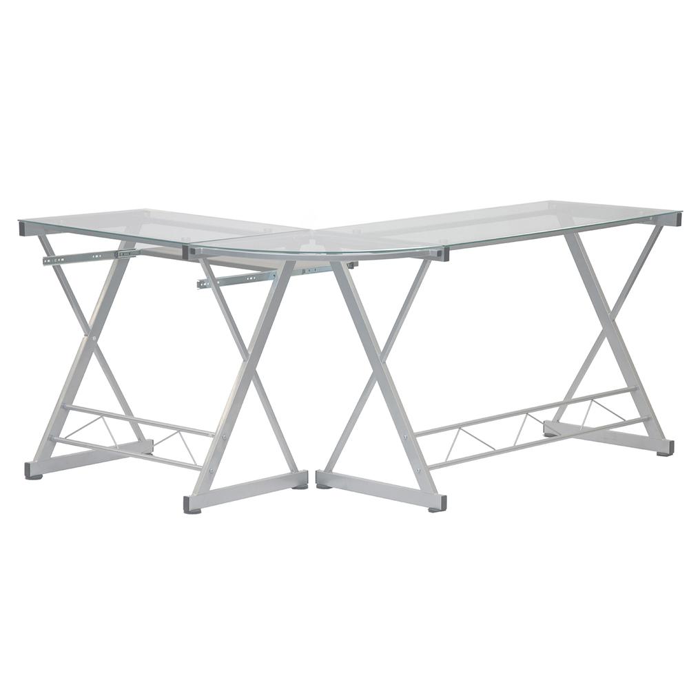 L-Shaped Tempered Glass Top Computer Desk With Pull Out Keybaord Panel. Color: Clear - Techni Mobili