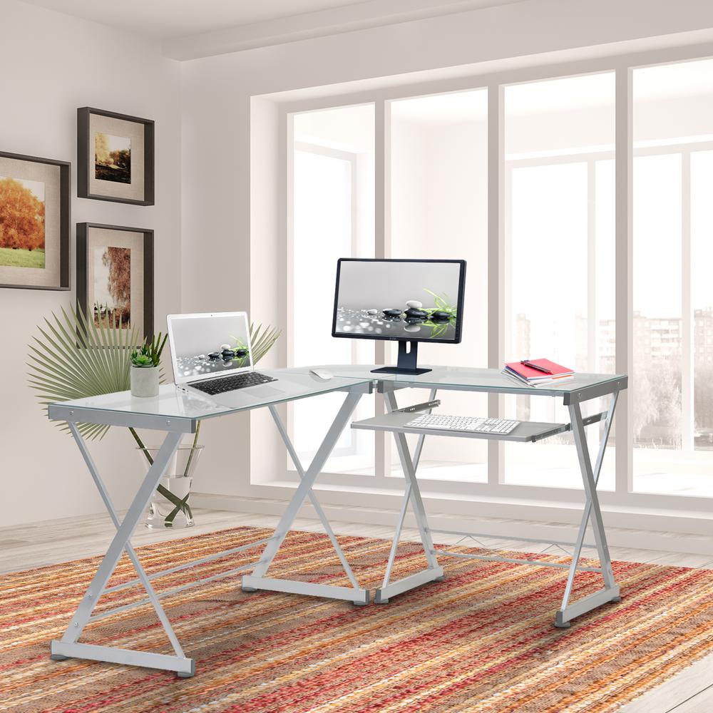 L-Shaped Tempered Glass Top Computer Desk With Pull Out Keybaord Panel. Color: Clear - Techni Mobili