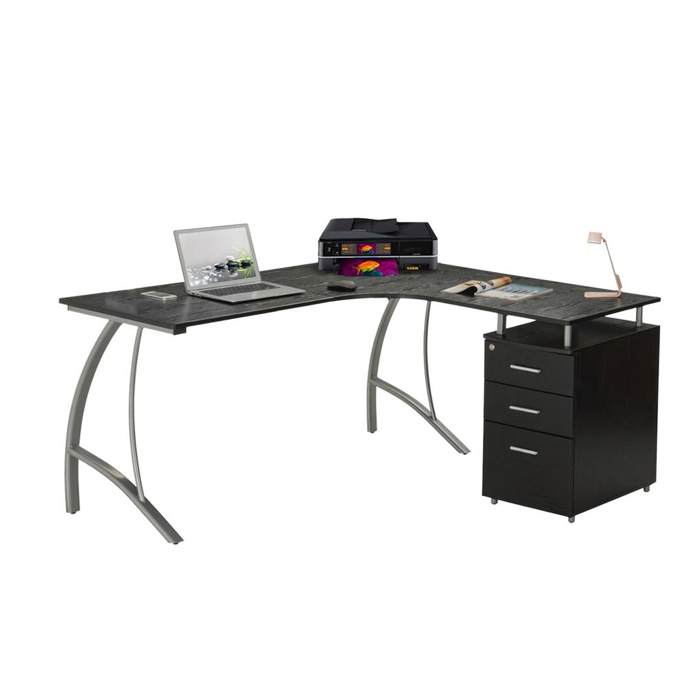 Modern L- Shaped Computer Desk with File Cabinet and Storage. Color: Espresso - Techni Mobili