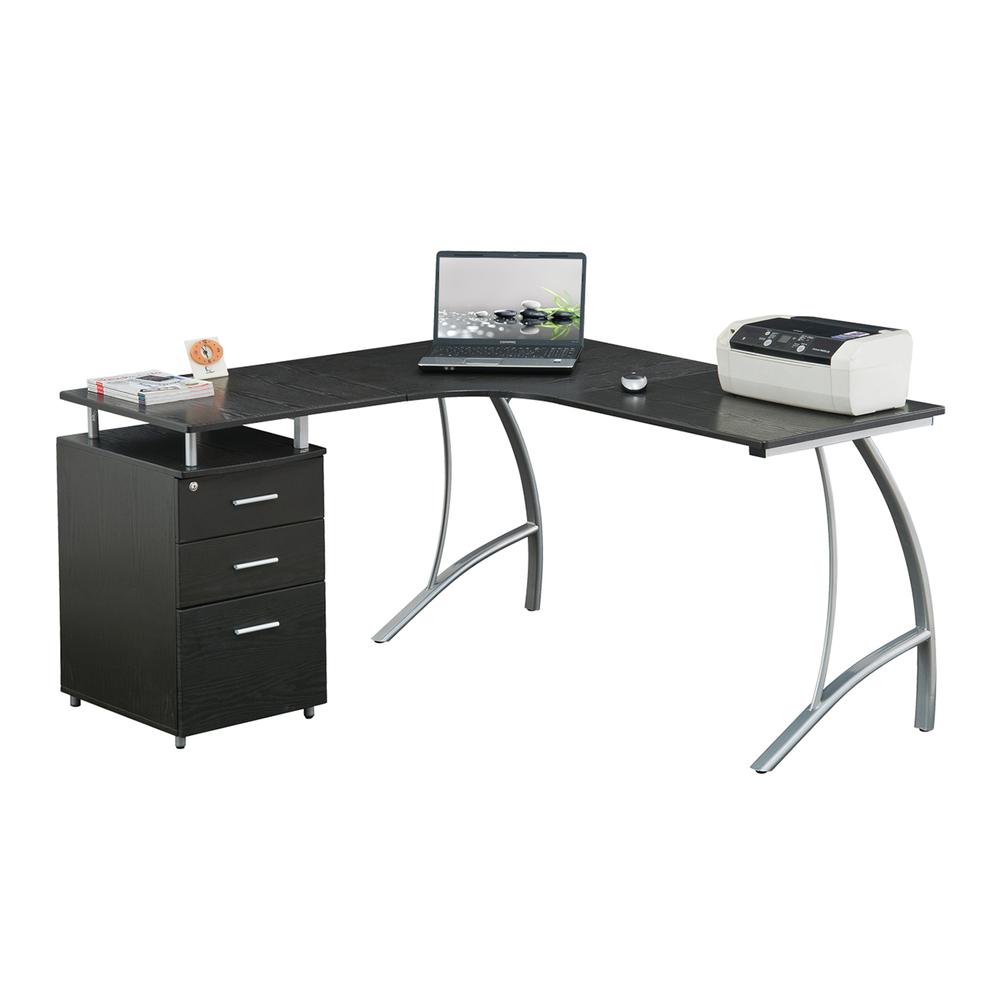 Modern L- Shaped Computer Desk with File Cabinet and Storage. Color: Espresso - Techni Mobili