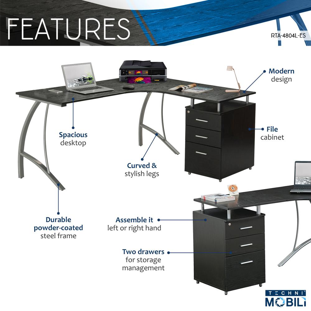 Modern L- Shaped Computer Desk with File Cabinet and Storage. Color: Espresso - Techni Mobili