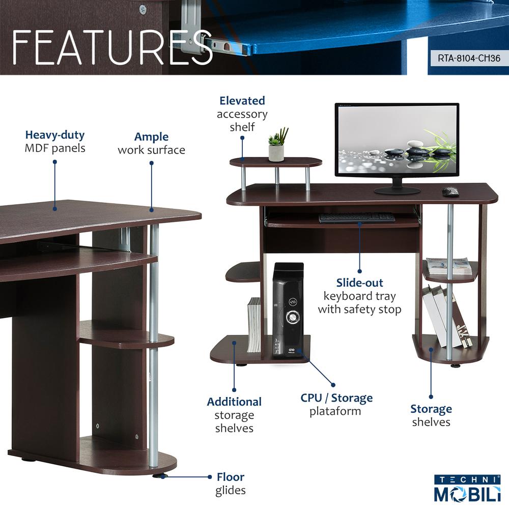 Complete Computer Workstation Desk With Storage. Color: Chocolate - Techni Mobili