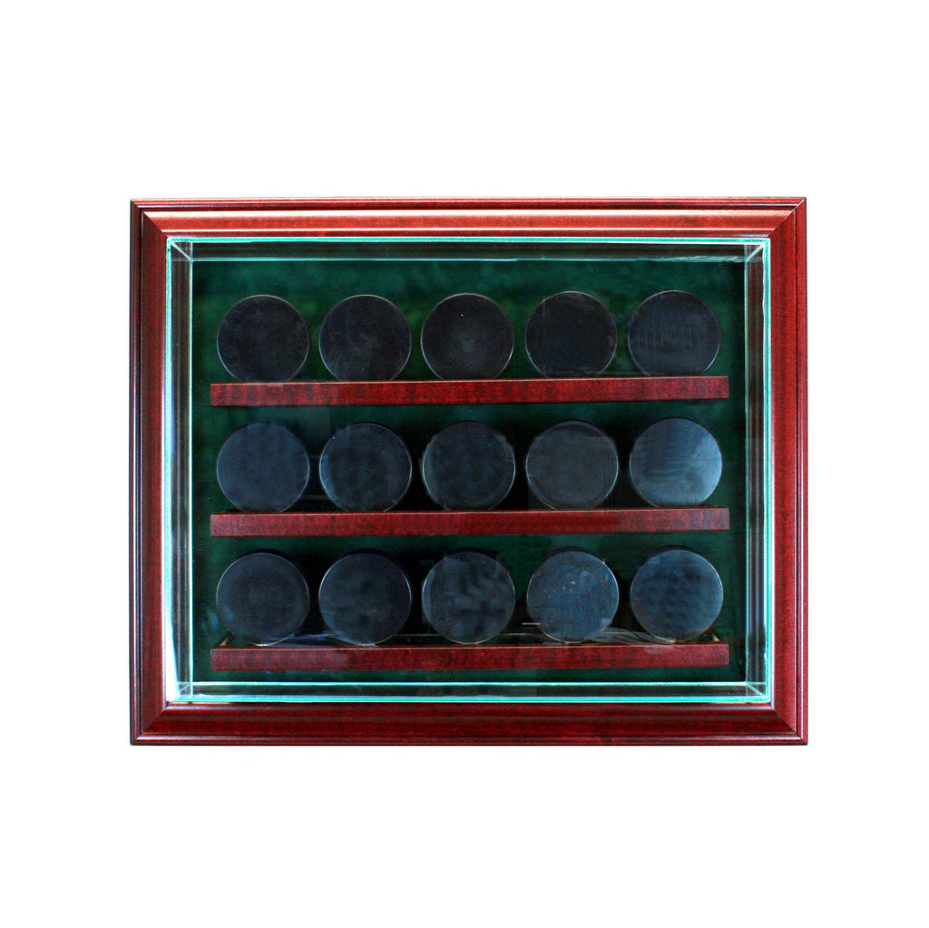 15 Hockey Puck Cabinet Style Display Case with Cherry Moulding