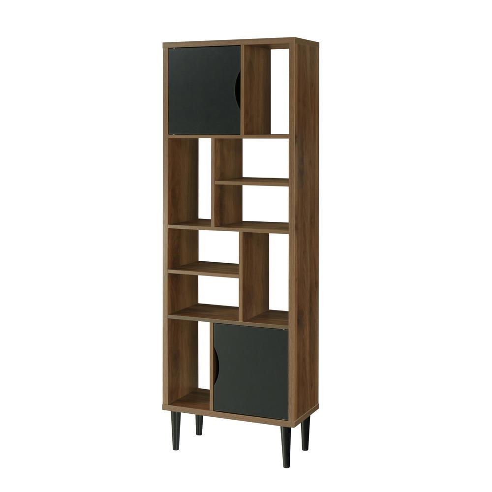 Mid Century Modern Accent Bookcase with Two Doors and 10 Storage Areas on Wood Legs - OS Home and Office Furniture