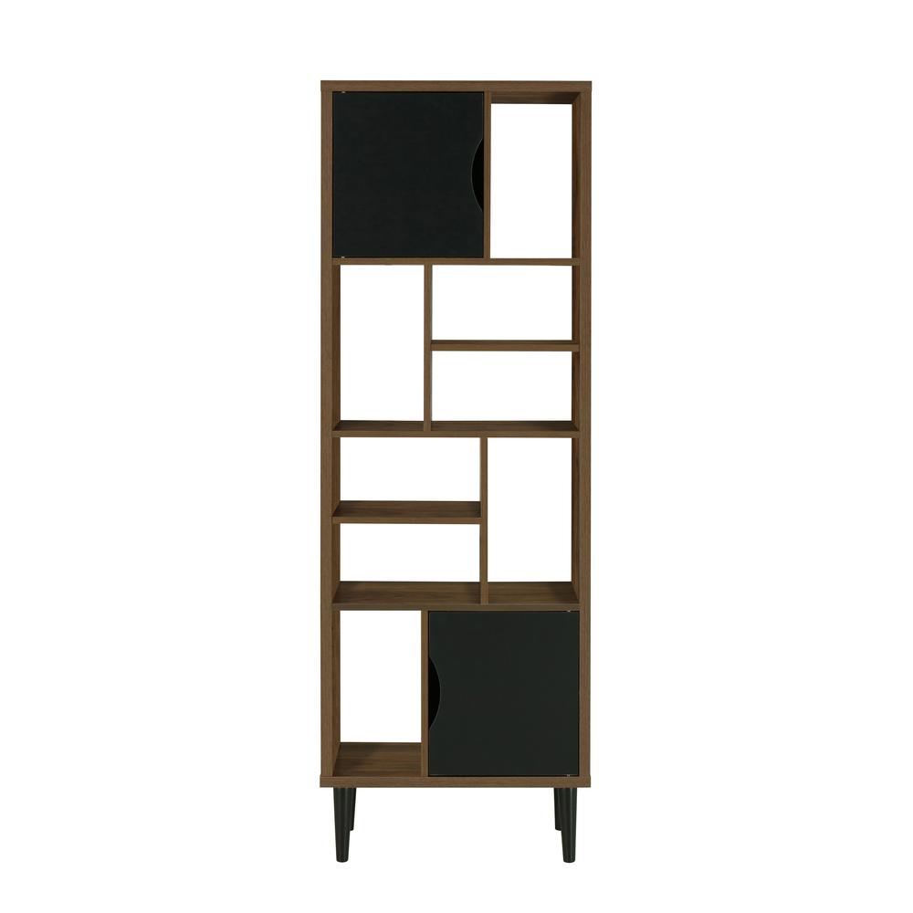 Mid Century Modern Accent Bookcase with Two Doors and 10 Storage Areas on Wood Legs - OS Home and Office Furniture