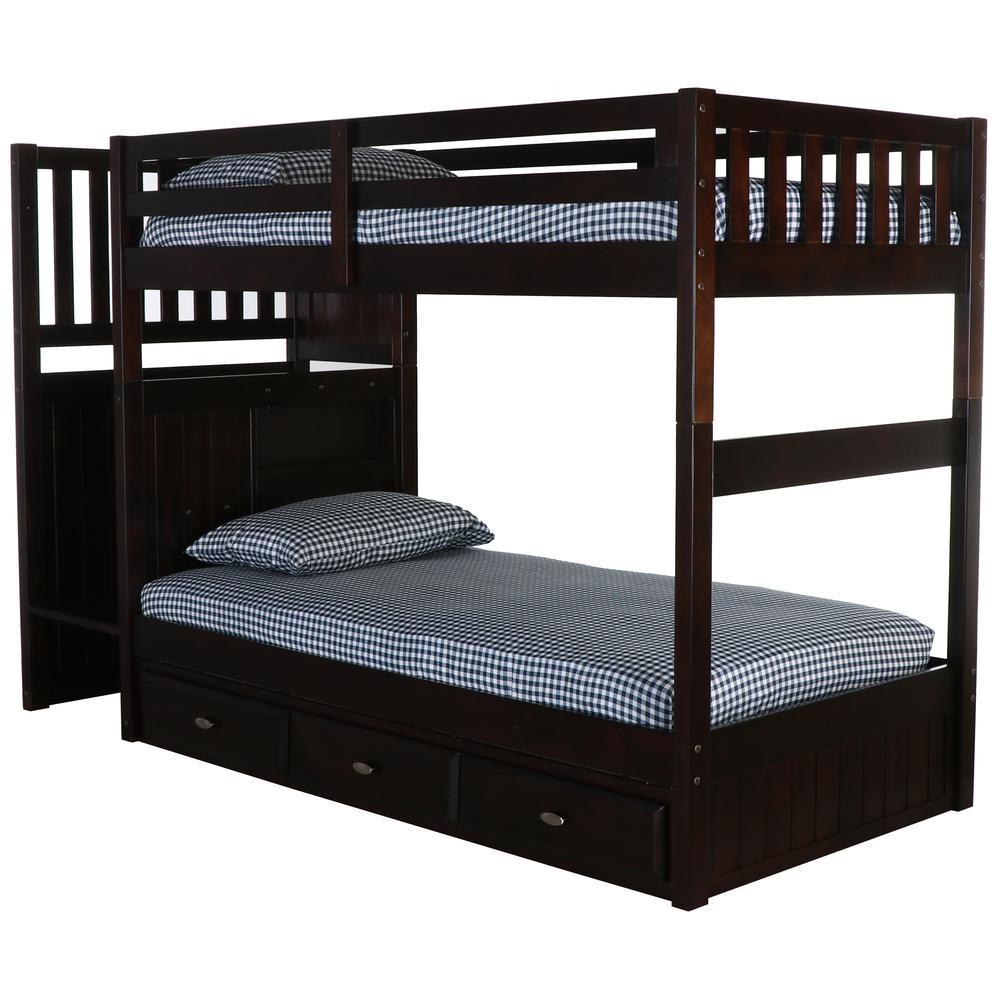Mission Staircase Twin over Twin Bunk Bed with Seven Drawers - American Furniture Classics