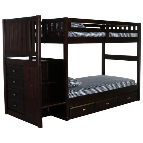 Mission Staircase Twin over Twin Bunk Bed with Seven Drawers - American Furniture Classics