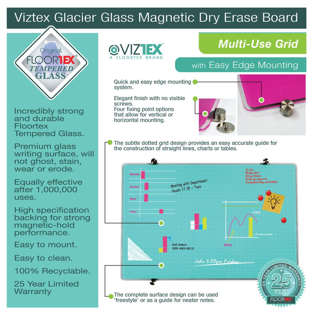 Glacier Violet Multi-Purpose Grid Glass Dry Erase Board 30'' x 40'' - Floortex