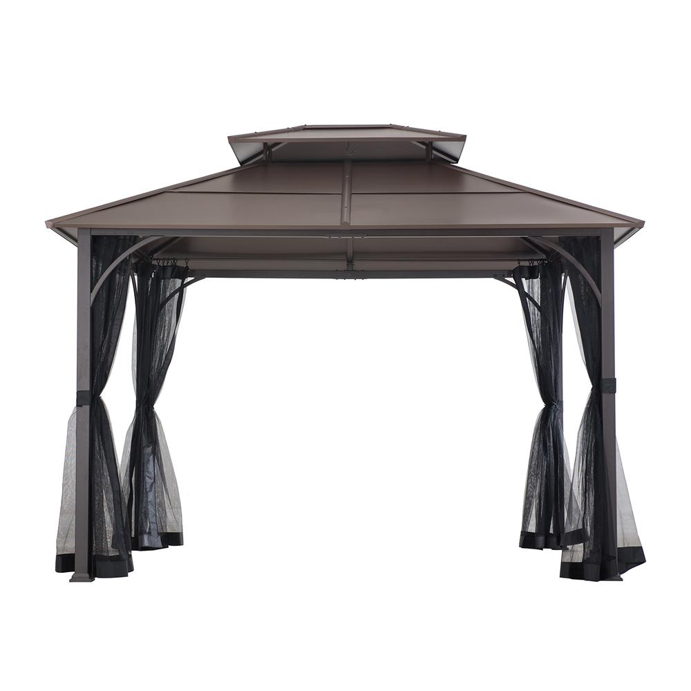 10 ft. x 12 ft. Black and Brown Steel Gazebo with 2-tier Hip Roof Hardtop - Sunjoy