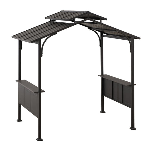 8x5 ftBrown Steel Frame 2-Tier BBQ Grill Gazebo with Ceiling Hook and Shelves - Sunjoy