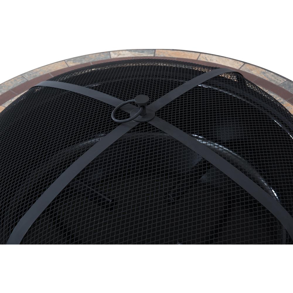 Sunjoy 40 Inch Fire Pit for Outside, Outdoor Round Wood Burning Fire Pit with Steel Mesh Spark Screen, Ceramic Tile Tabletop and Fire Poker, Large Bonfire for Patio and Backyard