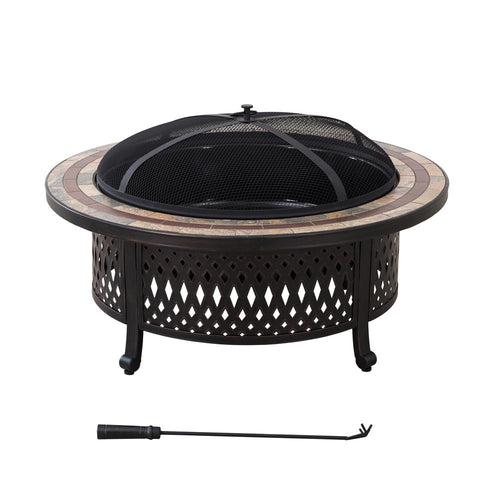 Sunjoy 40 Inch Fire Pit for Outside, Outdoor Round Wood Burning Fire Pit with Steel Mesh Spark Screen, Ceramic Tile Tabletop and Fire Poker, Large Bonfire for Patio and Backyard