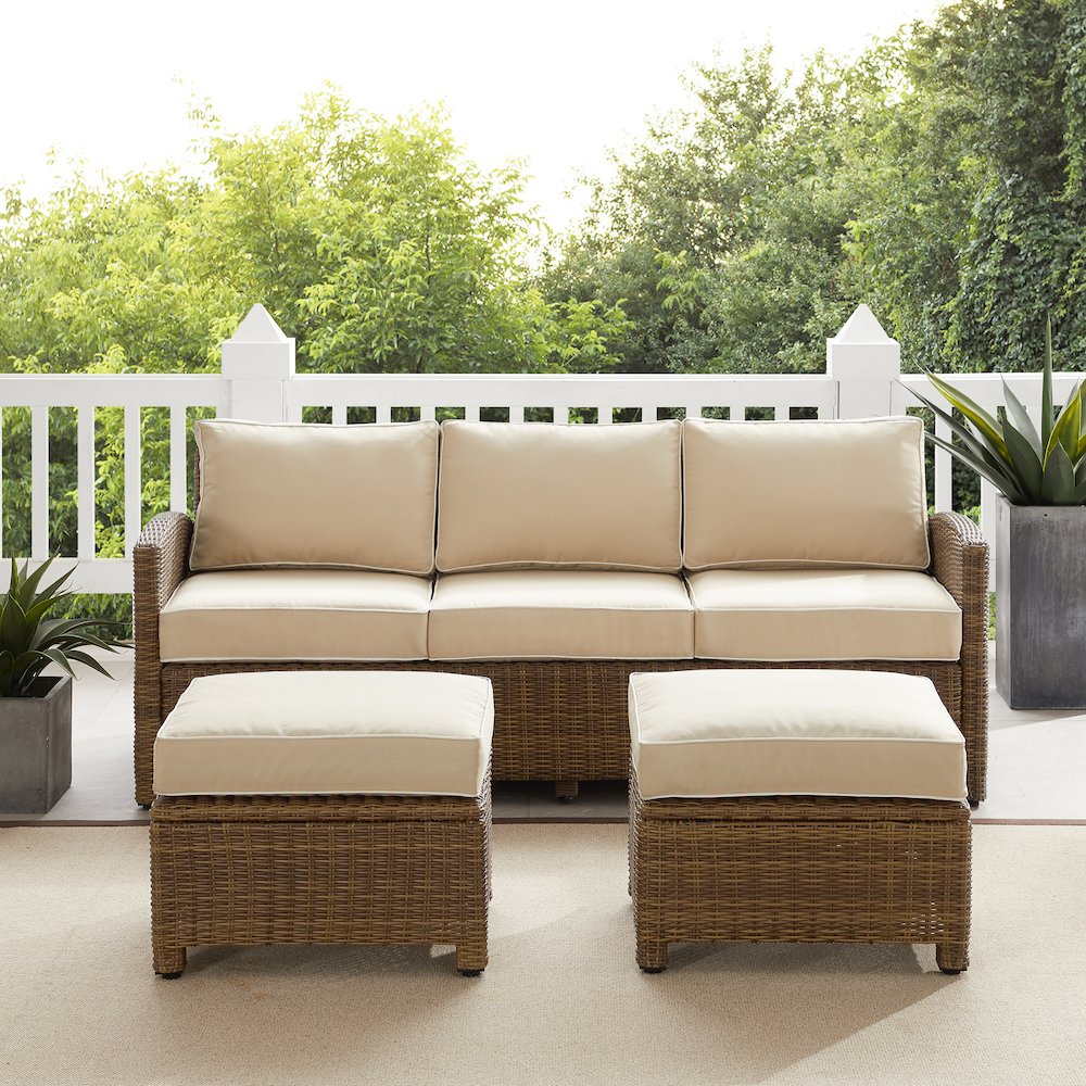 Bradenton 3Pc Wicker Outdoor Sofa Patio Furniture Set - Sofa & 2 Ottomans - Crosley Furniture