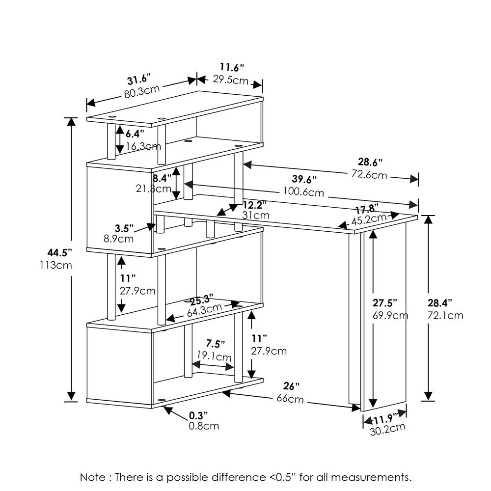 Furinno Moore L-Shape Computer Desk with 5-Tier Shelves, Americano/Black