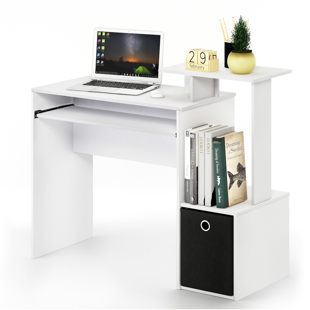 Furinno Econ Multipurpose Home Office Computer Writing Desk w/Bin, White/Black, 12095WH/BK