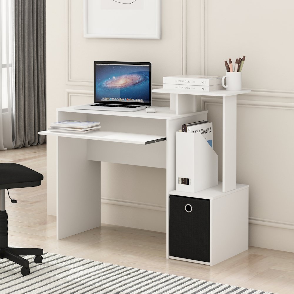 Furinno Econ Multipurpose Home Office Computer Writing Desk w/Bin, White/Black, 12095WH/BK
