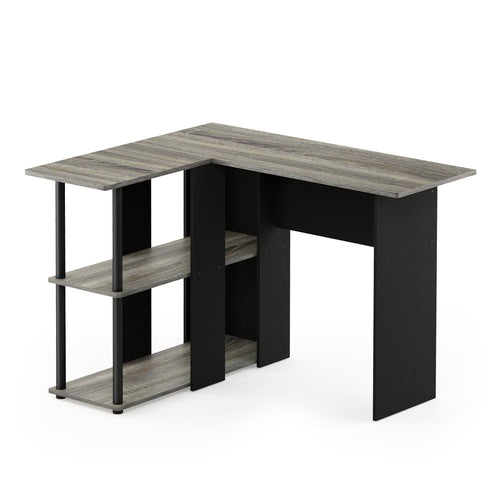 Abbott L-Shape Desk with Bookshelf, French Oak Grey/Black, 17092GYW/BK - Furinno