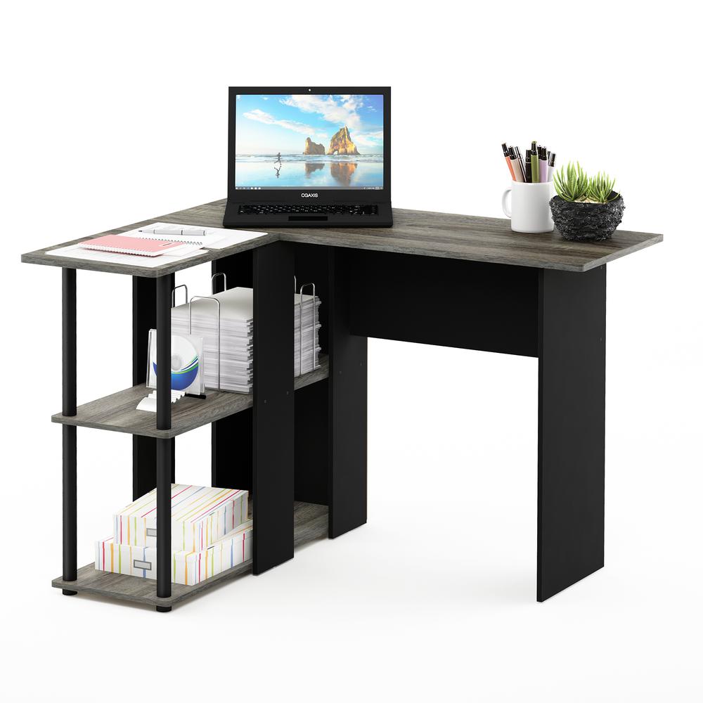 Abbott L-Shape Desk with Bookshelf, French Oak Grey/Black, 17092GYW/BK - Furinno