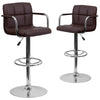 2 Pk. Contemporary Brown Quilted Vinyl Adjustable Height Barstool with Arms and Chrome Base - Flash Furniture