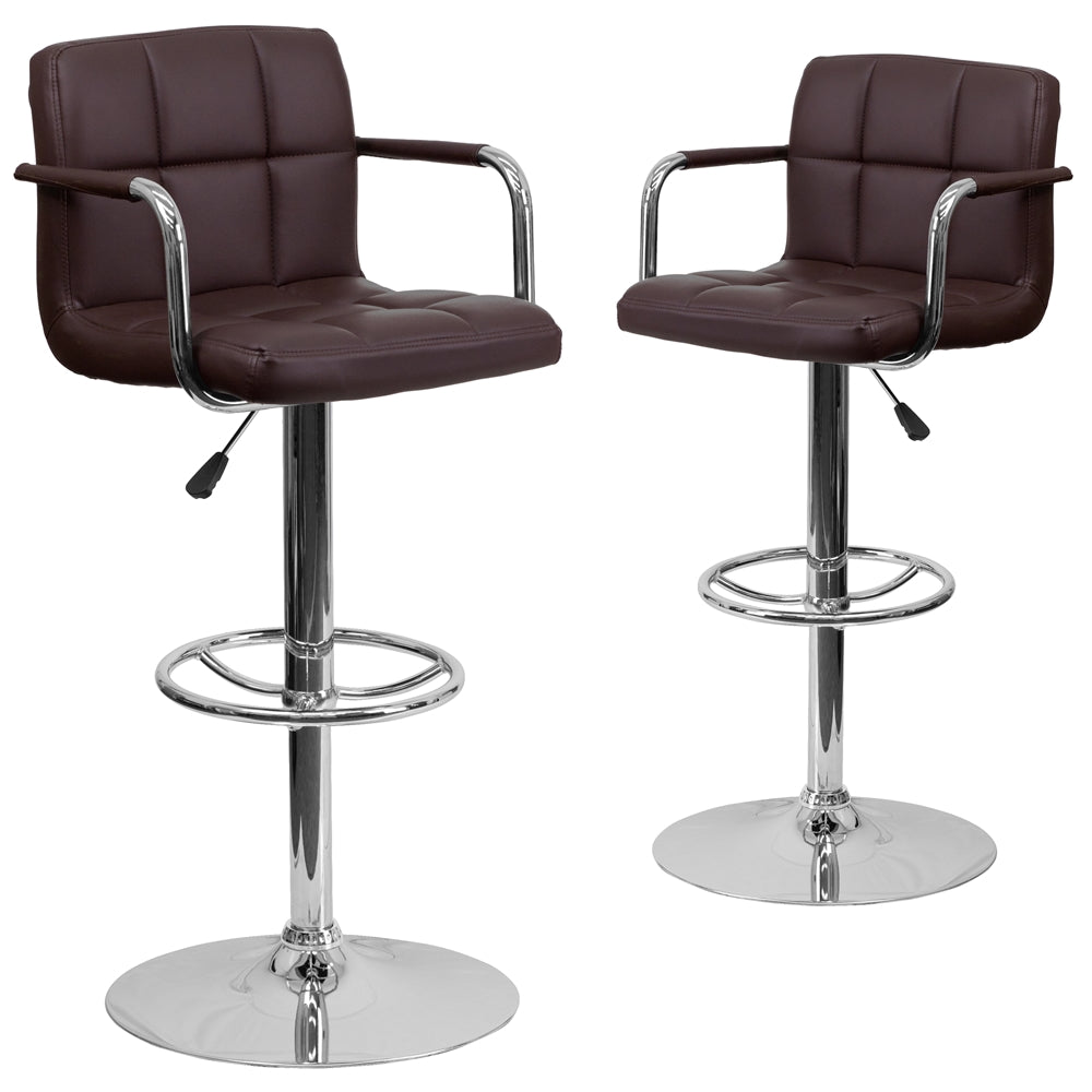 2 Pk. Contemporary Brown Quilted Vinyl Adjustable Height Barstool with Arms and Chrome Base - Flash Furniture