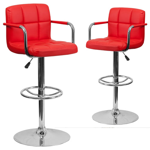 2 Pk. Contemporary Red Quilted Vinyl Adjustable Height Barstool with Arms and Chrome Base - Flash Furniture