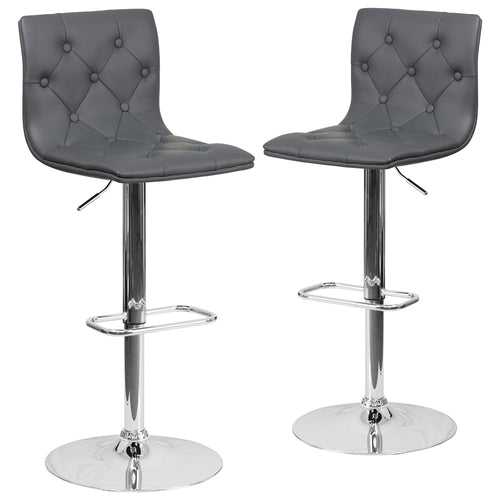2 Pk. Contemporary Tufted Gray Vinyl Adjustable Height Barstool with Chrome Base - Flash Furniture