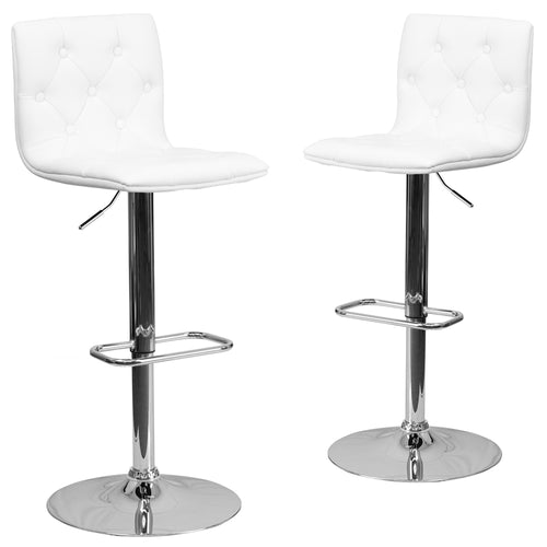 2 Pk. Contemporary Tufted White Vinyl Adjustable Height Barstool with Chrome Base - Flash Furniture