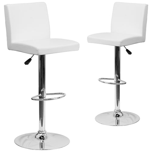 2 Pk. Contemporary White Vinyl Adjustable Height Barstool with Chrome Base - Flash Furniture