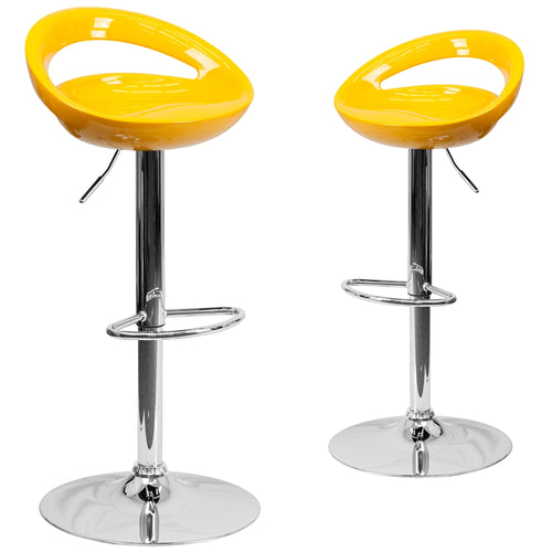 2 Pk. Contemporary Yellow Plastic Adjustable Height Barstool with Chrome Base - Flash Furniture