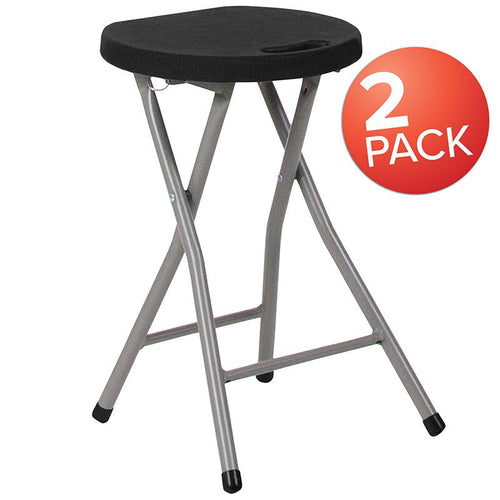 2 Pack Foldable Stool with Black Plastic Seat and Titanium Gray Frame - Flash Furniture