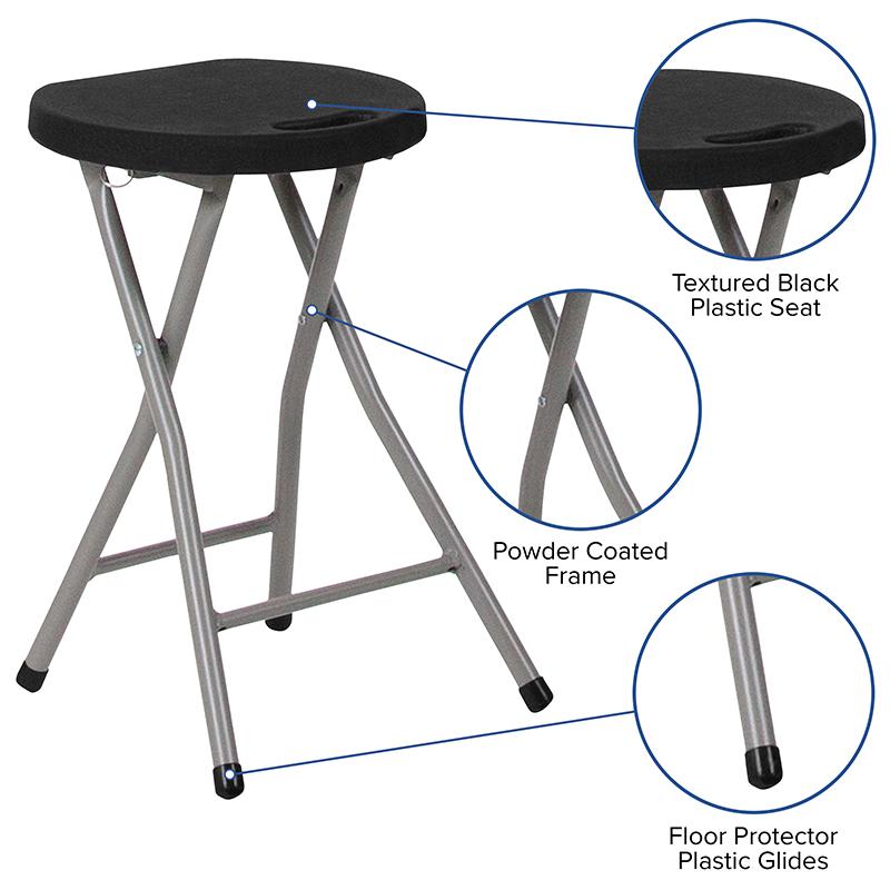 2 Pack Foldable Stool with Black Plastic Seat and Titanium Gray Frame - Flash Furniture